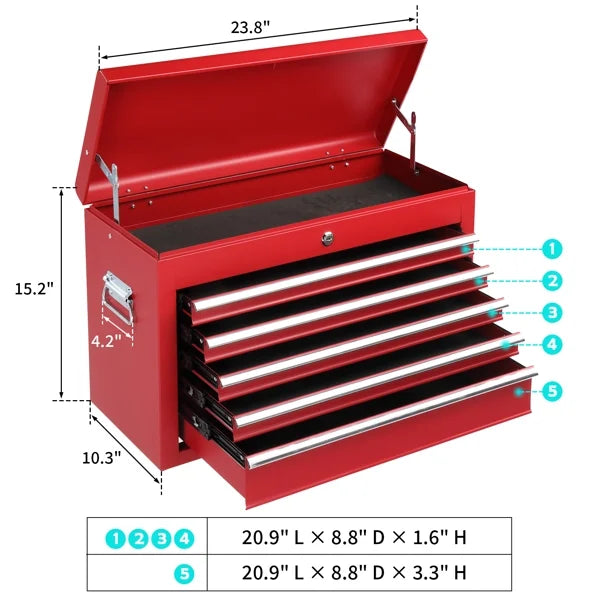 5-Drawer Steel Tool Chest with Lock - 330LBS Capacity, Red Heavy-Duty Organizer for Garage/Workshop