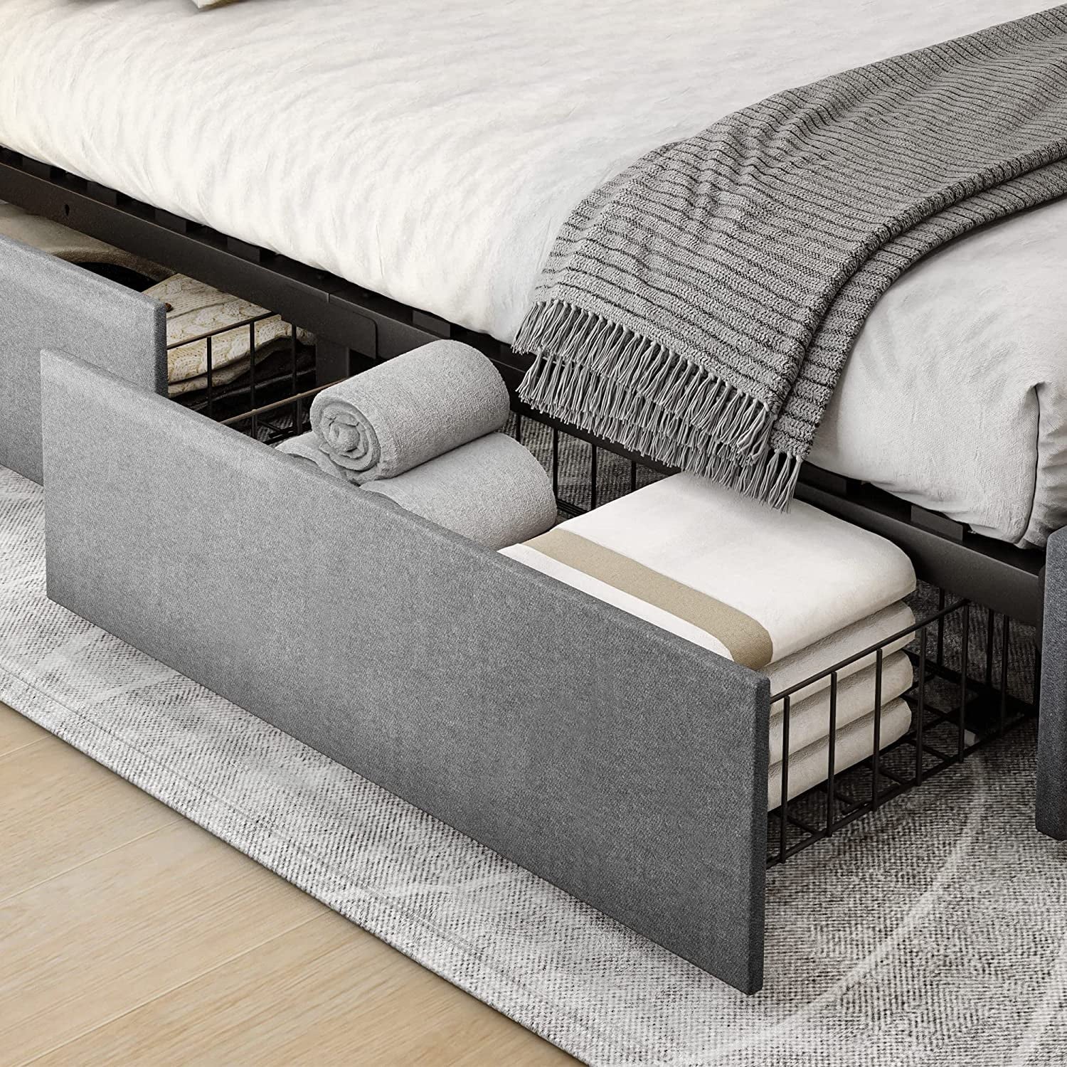Dextrus Upholstered Platform Bed Frame with 4 Storage Drawers and Adjustable Headboard, Mattress Foundation with Sturdy Wood Slat Support, No Box Spring Needed, Grey(Queen)