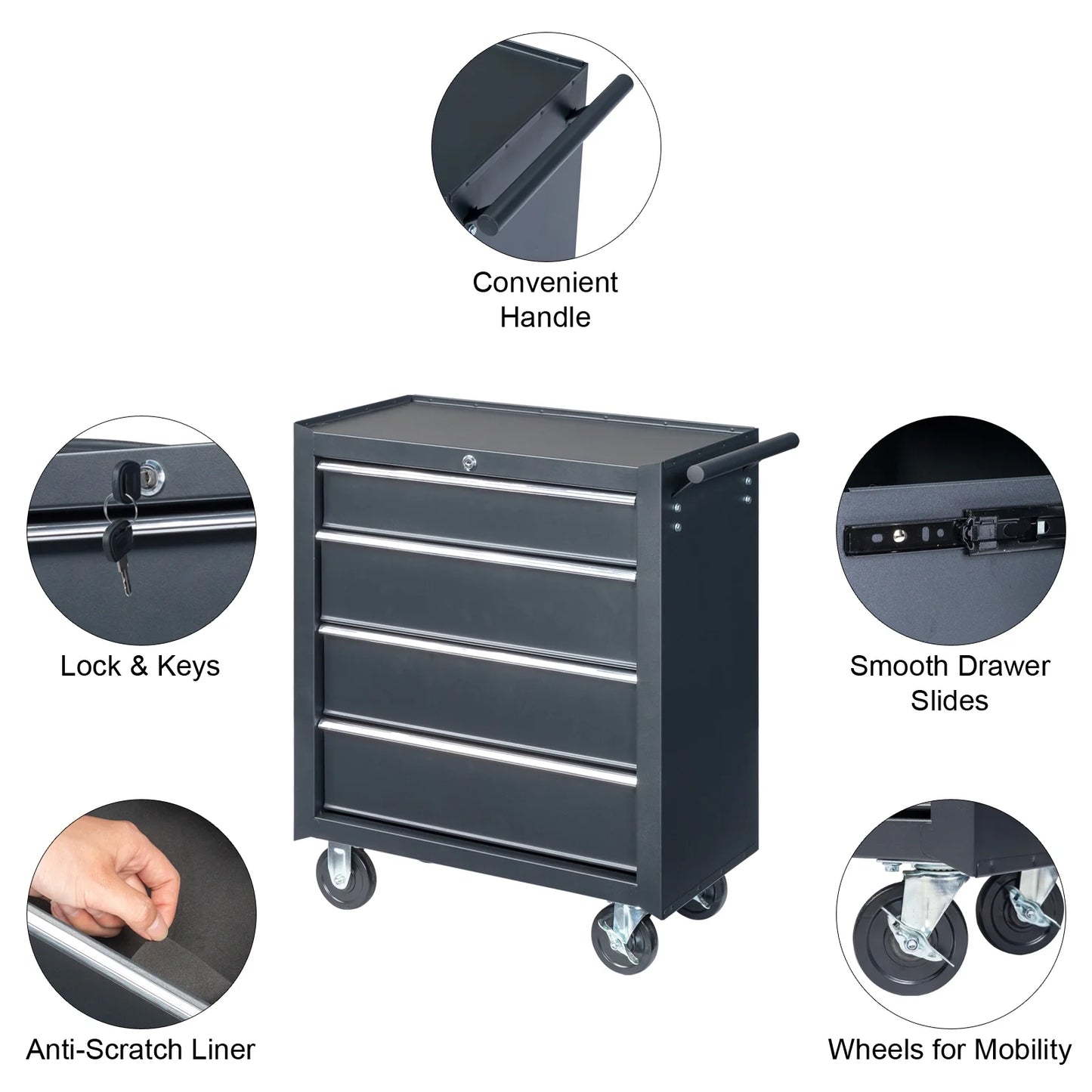 Ktaxon 4-Drawer Tool Chest Rolling Tool Cabinet with Wheels, Black - Portable