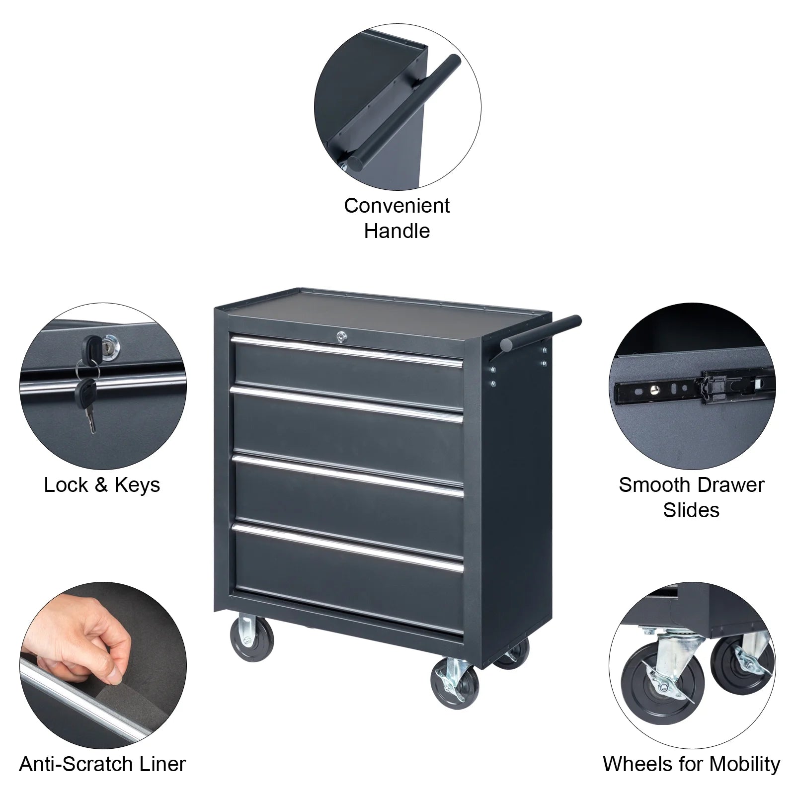 Ktaxon 4-Drawer Tool Chest Rolling Tool Cabinet with Wheels, Black - Portable
