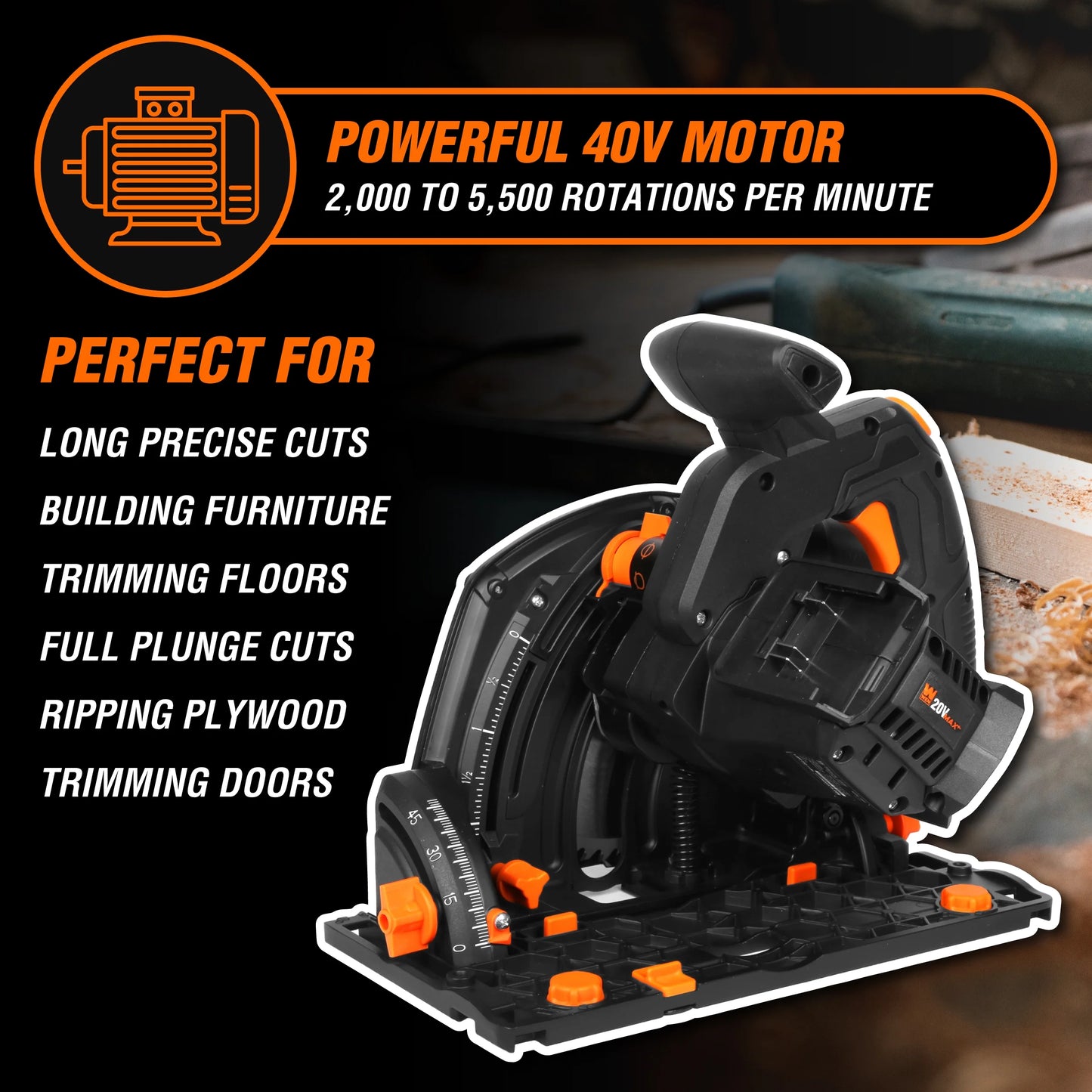 WEN 20V Max 6.5-Inch Cordless Brushless Plunge Cut Variable Speed Track Saw (Tool Only - Batteries Not Included)