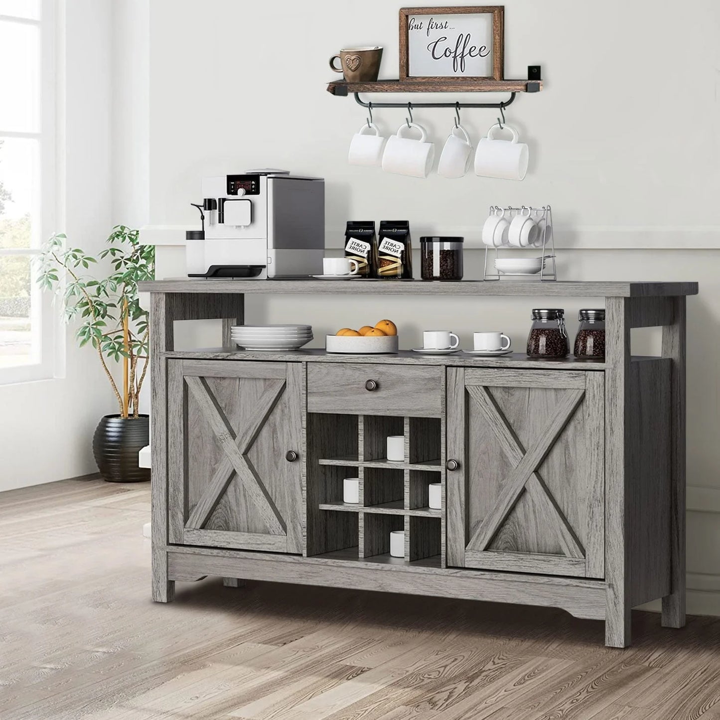 Catrimown Farmhouse Coffee Bar Cabinet, 47" Sideboard Buffet Cabinet with Barn Door, Buffet Storage Cabinet with Removable Wine Rack, Farmhouse Gray