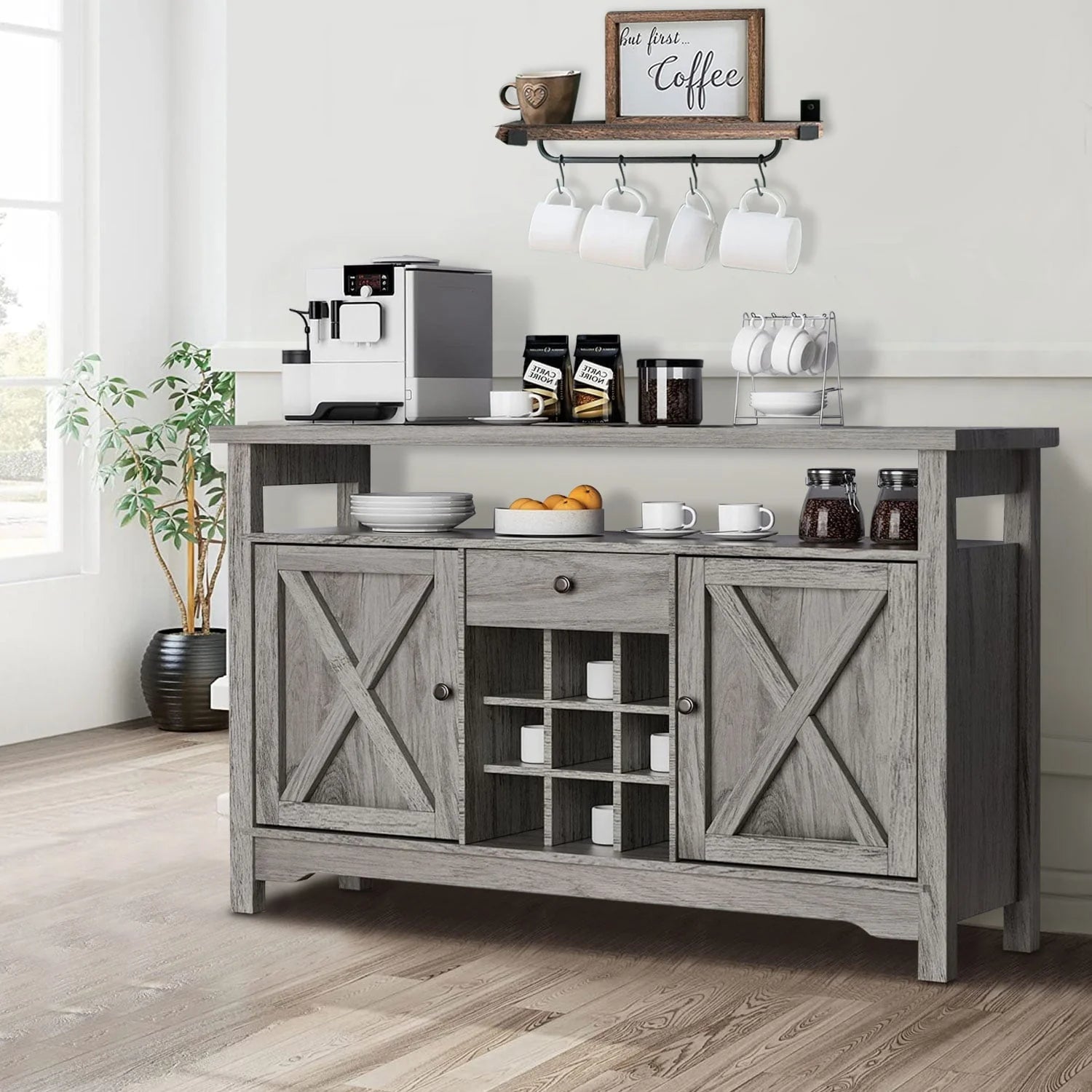 Catrimown Farmhouse Coffee Bar Cabinet, 47" Sideboard Buffet Cabinet with Barn Door, Buffet Storage Cabinet with Removable Wine Rack, Farmhouse Gray