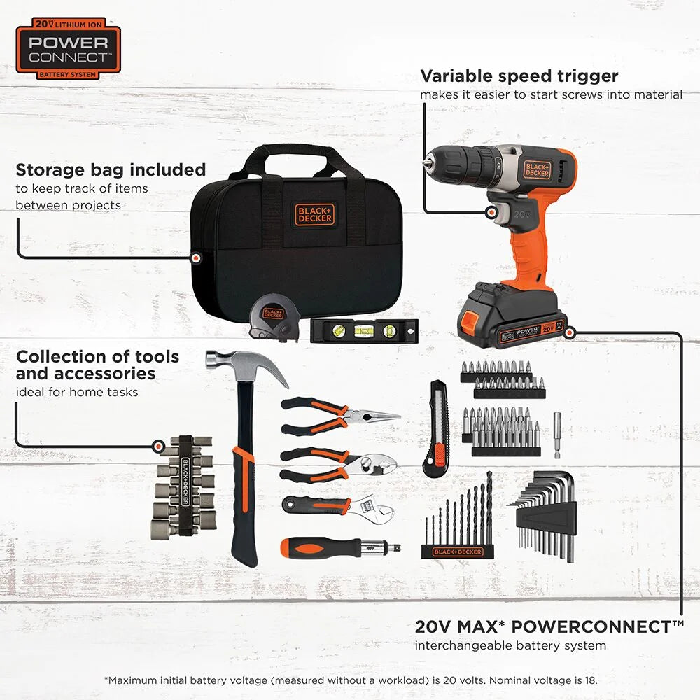 BLACK+DECKER 20V Drill/Driver, 1.5Ah, 83 Piece Set, Battery and Charger Included