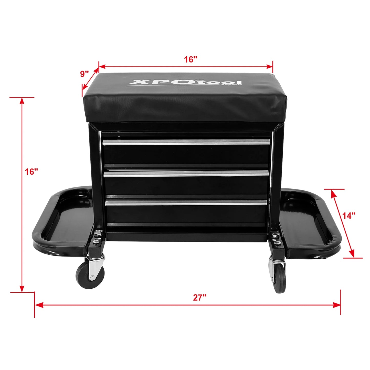 Aukfa Tool Chest Seat, Steel Rolling Tool Box with Wheels and Foldable Magnetic Storage Trays, 3-Drawers, 350LBS Capacity, Black