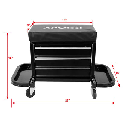 Aukfa Tool Chest Seat, Steel Rolling Tool Box with Wheels and Foldable Magnetic Storage Trays, 3-Drawers, 350LBS Capacity, Black