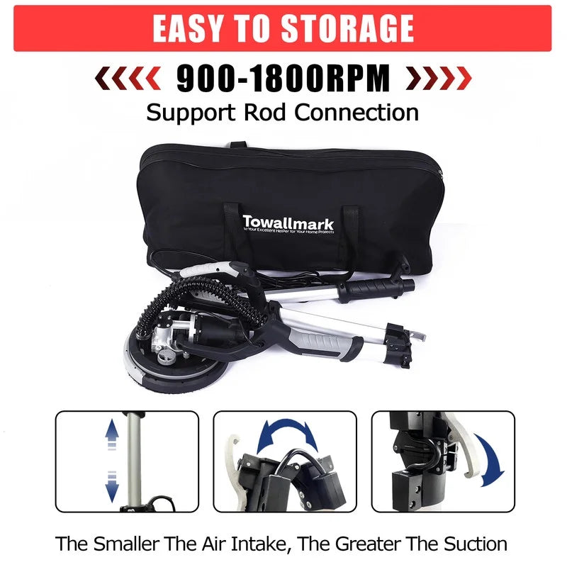 Towallmark 750W 7 Amp, Drywall Sander Electric, Popcorn Ceiling Removal Tool, 7 Speed 900-1800 RPM, with 14 Sanding Discs, Extendable Handle, Dust Hose Storage Bag