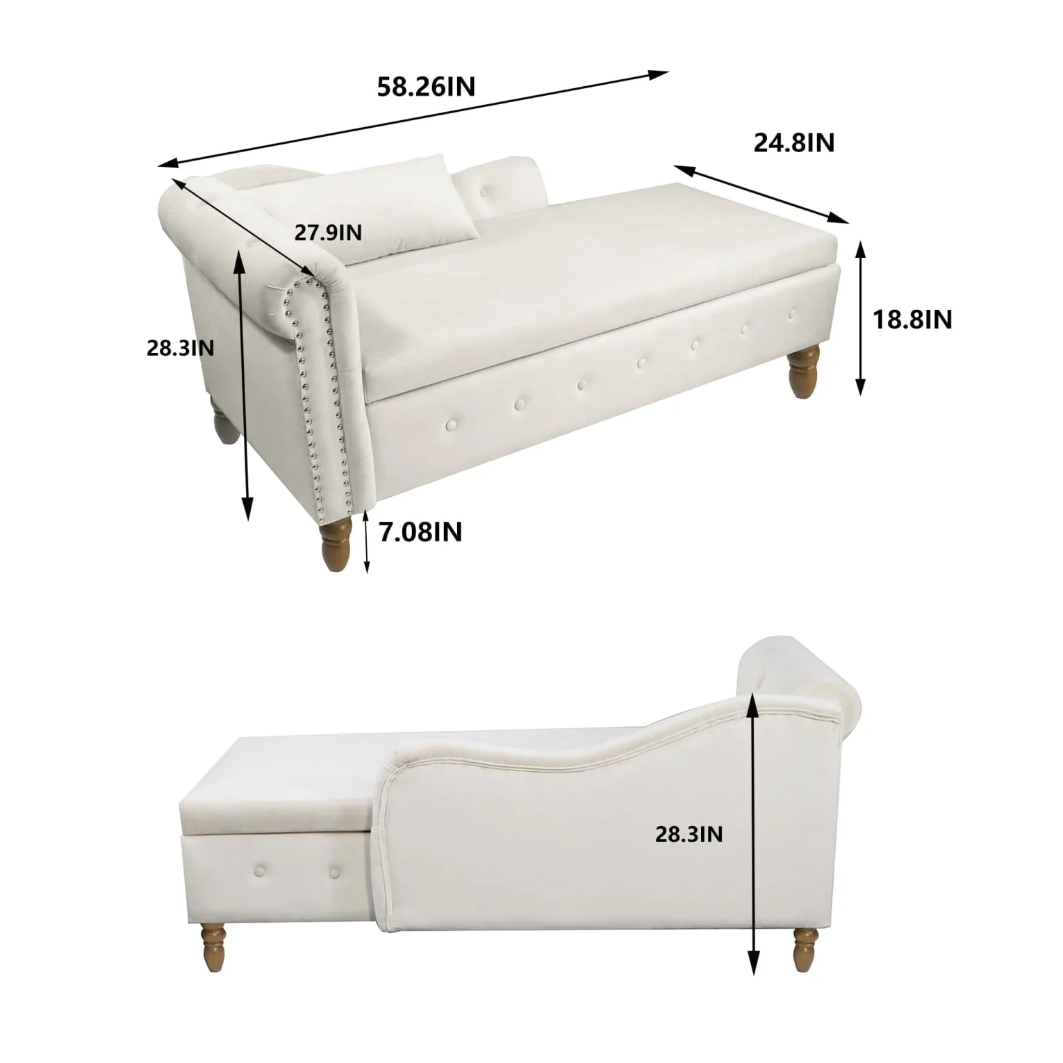 Indoor Velvet Chaise Lounge with Hidden Storage, Modern 58" L Upholstered Rolled Arm Chaise Chair with 1 Pillow and Solid Wood Legs for Living Room Bedroom Office (Beige)