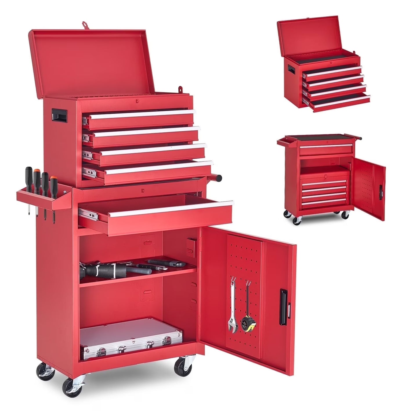 NETAJE Metal Tool Chest, 2 in 1 Steel Rolling Tool Box & Cabinet On Wheels for Garage, Detachable Top Tool Box and Lockable Wheels Metal Tool Cart for Garage, 5-Drawer, Black