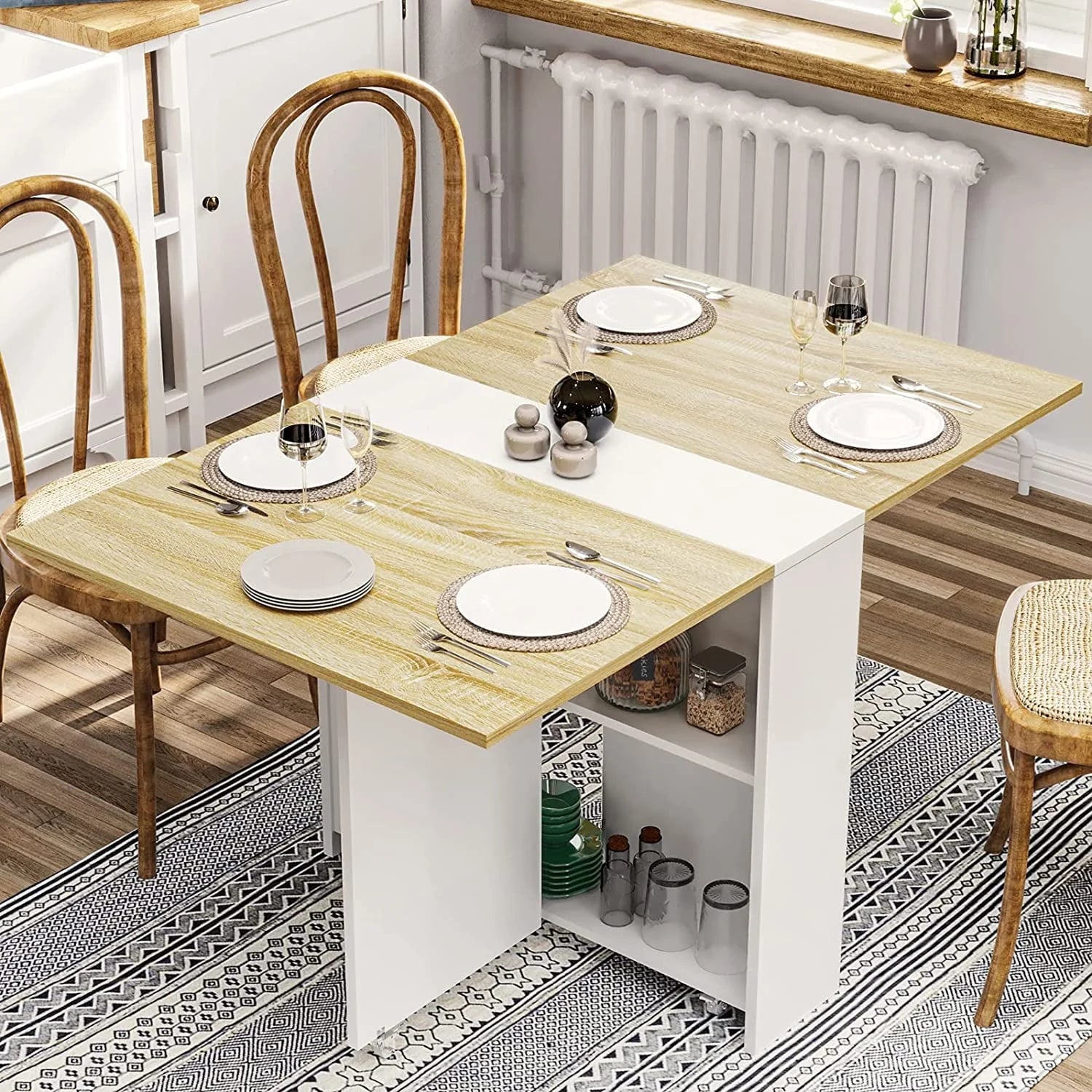 Folding Dining Table with 2 Storage Racks, Multifunction Expandable Table with 6 Wheels,Drop Leaf Table for Kitchen Bedroom Living Room, White