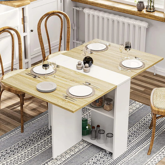 Folding Dining Table with 2 Storage Racks, Multifunction Expandable Table with 6 Wheels,Drop Leaf Table for Kitchen Bedroom Living Room, White