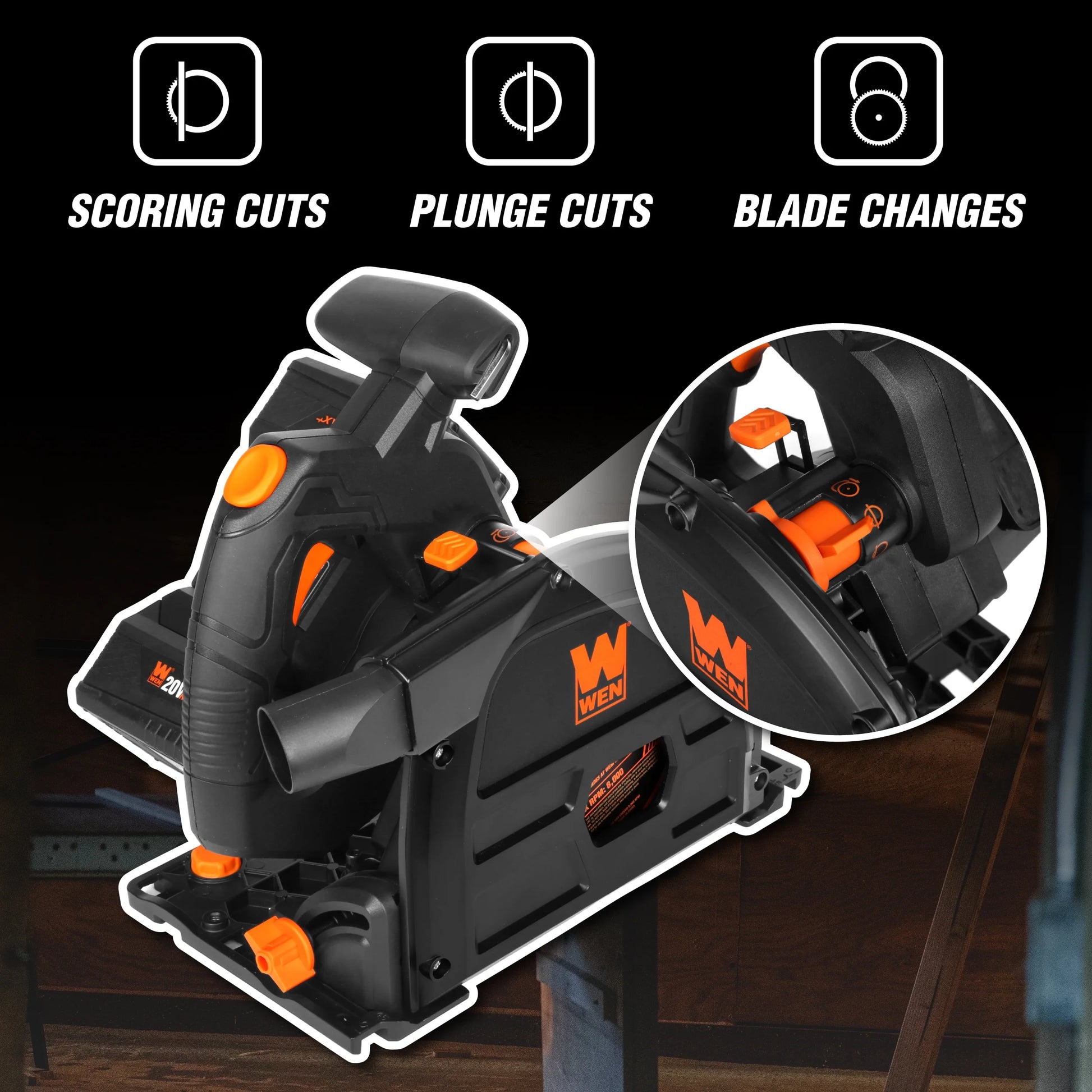 WEN 20V Max 6.5-Inch Cordless Brushless Plunge Cut Variable Speed Track Saw (Tool Only - Batteries Not Included)