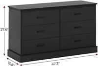 Black Double Dresser with 6 Drawers for Bedroom, Wood Large Chest of Drawers Storage Tower Clothes Organizer