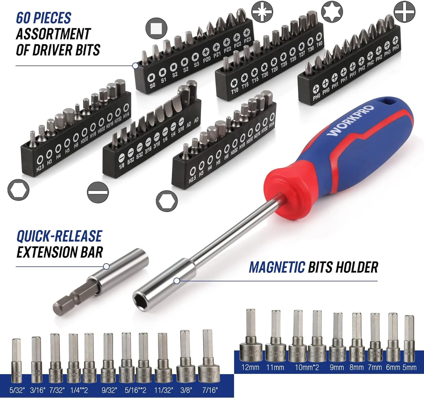 WORKPRO Mechanics Tools Kit and Socket Set, 192-Piece, SAE& Metric, 1/2'', 1/4'', 3/8'' Drive Socket Ratchet Wrench Set with Molded Case