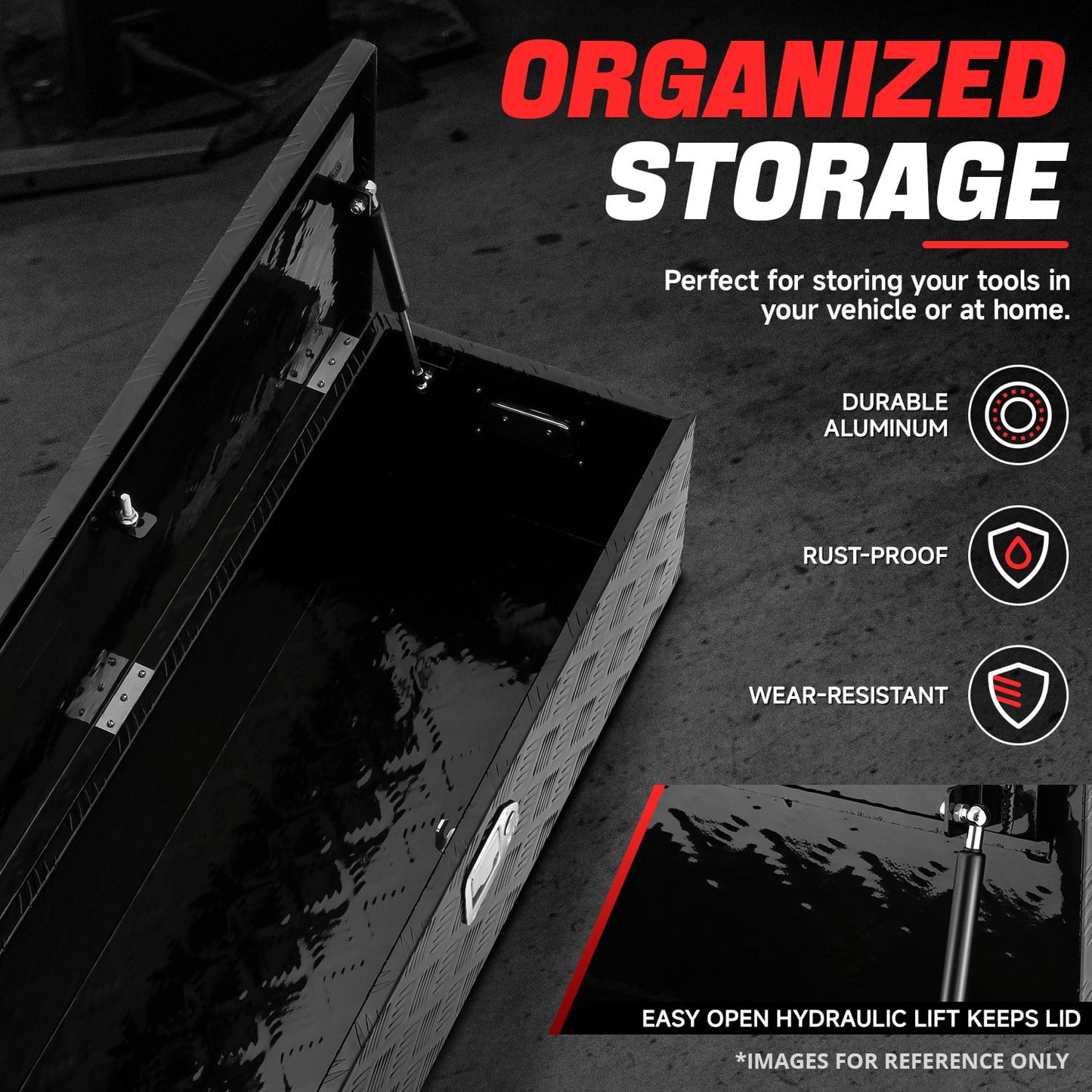 DNA Motoring 39"x13.4"x10" Aluminum Tool Box Pickup Truck Bed RV Trailer Storage w/Lock & Key Black