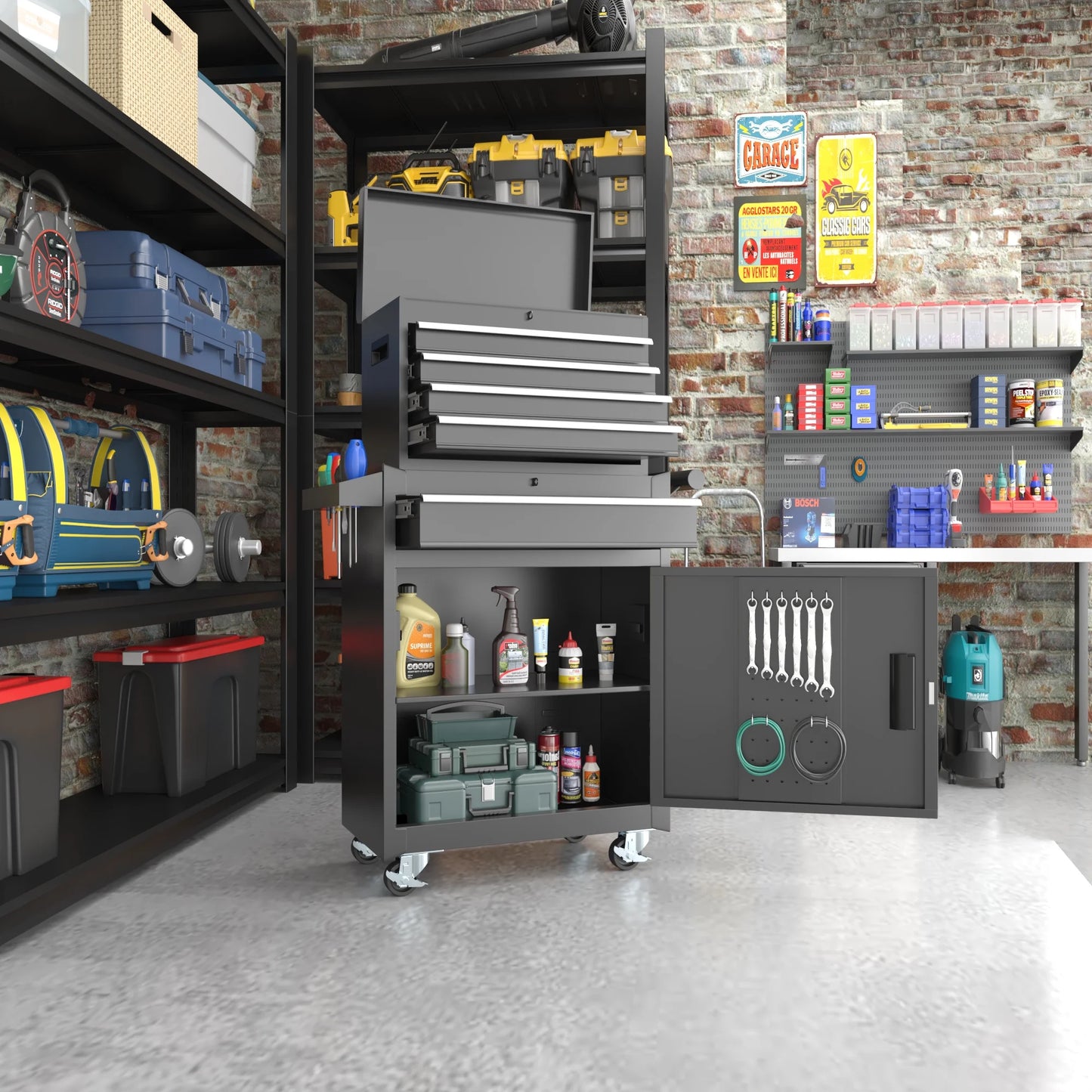 MUCHANT 5-Drawer Rolling Tool Chest, 2-in-1 Tool Box& Cabinet with Wheels, Drawers and Removable Top Tool Box for Garage, Warehouse, Workshop, Repair Shop, Black