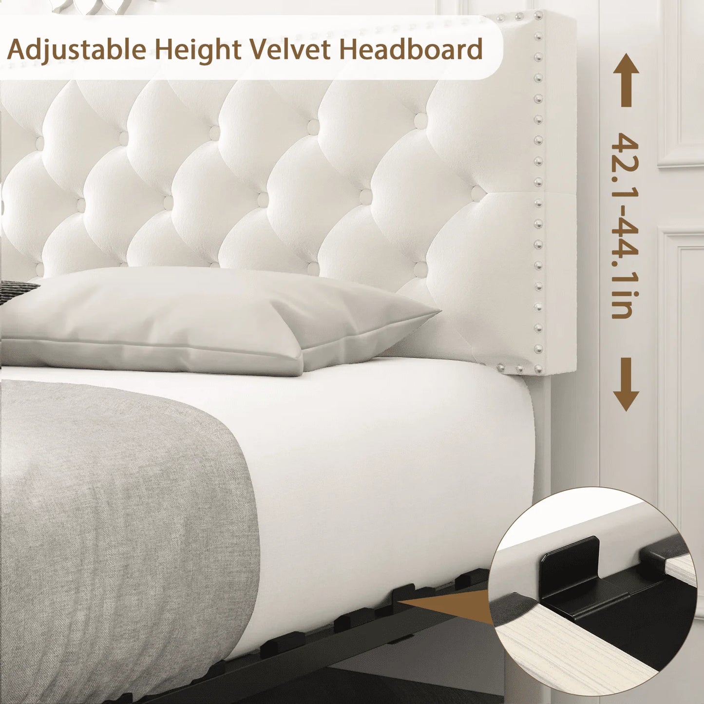 Homfa Queen Size Storage Bed with 4 Drawers, Button Tufted Upholstered Platform Bed Frame with Adjustable Headboard, Off-White