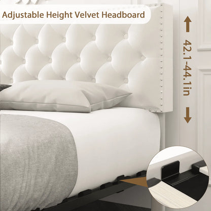 Homfa Queen Size Storage Bed with 4 Drawers, Button Tufted Upholstered Platform Bed Frame with Adjustable Headboard, Off-White