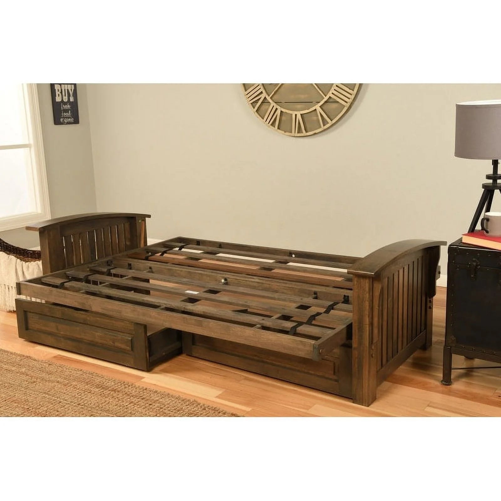 Copper Grove Cayenne Rustic Walnut Storage Futon Set with Mattress peter's cabin