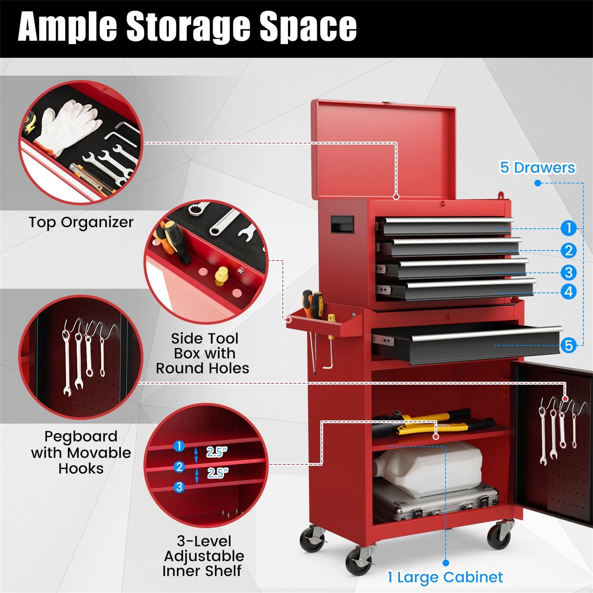 Aukfa Tool Box, 2-in-1 Rolling Tool Chest & Cabinet on Wheels for Garage Workshop, 5-Drawer, Red& Black