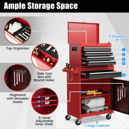Aukfa Tool Box, 2-in-1 Rolling Tool Chest & Cabinet on Wheels for Garage Workshop, 5-Drawer, Red& Black