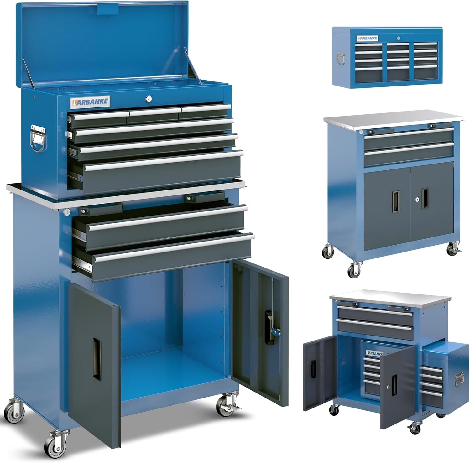 8-Drawer Rolling Tool Chest with Wheels and Door, Sliding Drawer, Stainless Steel Countertop, Large Workbench Forming Tool Chest for Garage Workshop