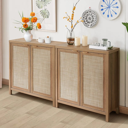 Sanspredet Sideboard Buffet Cabinet Set of 2, Rattan Cabinet with Doors Farmhouse Kitchen Storage Cabinet, Boho Liquor Cabinet Accent Cabinet