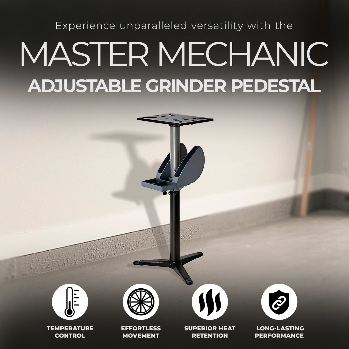 Master Mechanic Adjustable Cast Iron Base Grinder Pedestal with Tool Holder