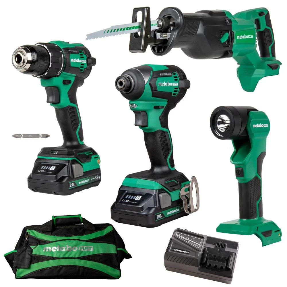 Metabo HPT 18V MultiVolt Cordless Driver Drill, Impact Driver, Reciprocating Saw, and Torchlight 4-Pc Combo Kit | Includes 2-18V 2.0Ah Batteries | Lifetime Tool Warranty | KC18DEX4