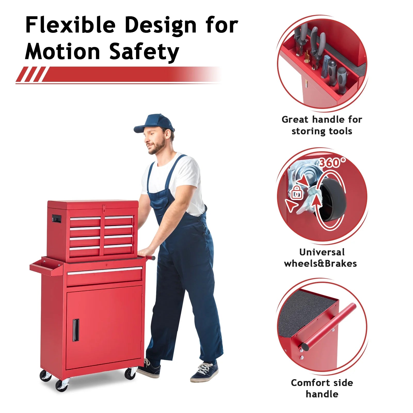 NETAJE Metal Tool Chest, 2 in 1 Steel Rolling Tool Box & Cabinet On Wheels for Garage, Detachable Top Tool Box and Lockable Wheels Metal Tool Cart for Garage, 5-Drawer, Black