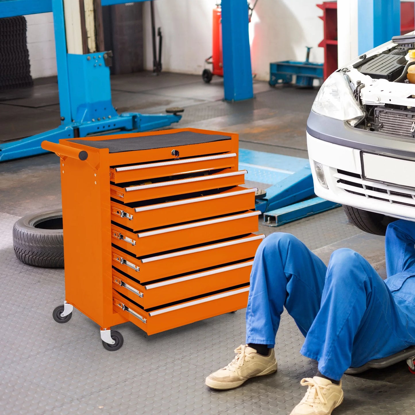 Tool Box, 7-Drawer Steel Rolling Tool Chest on Wheels for Workshop Garage, Orange