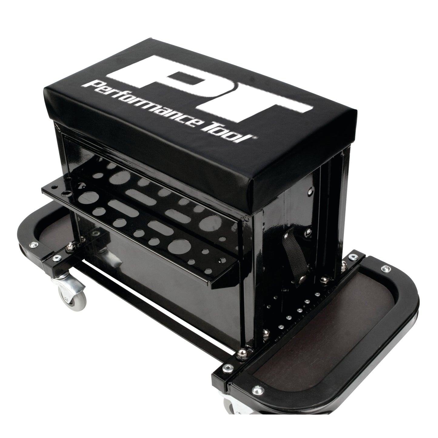 Performance Tool W85025 3-Drawer Rolling Tool Chest Seat with Magnetic Side Trays, 350 Lbs. Capacity, Rear Tray, Black