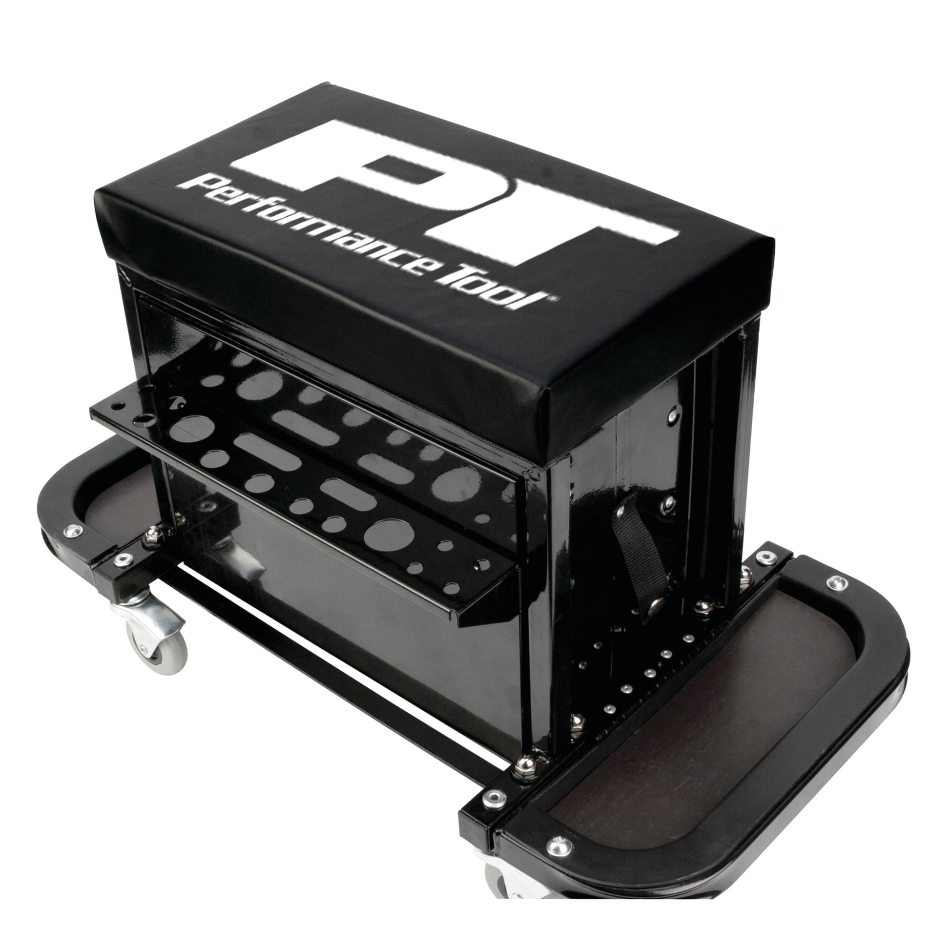 Performance Tool W85025 3-Drawer Rolling Tool Chest Seat with Magnetic Side Trays, 350 Lbs. Capacity, Rear Tray, Black