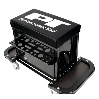 Performance Tool W85025 3-Drawer Rolling Tool Chest Seat with Magnetic Side Trays, 350 Lbs. Capacity, Rear Tray, Black
