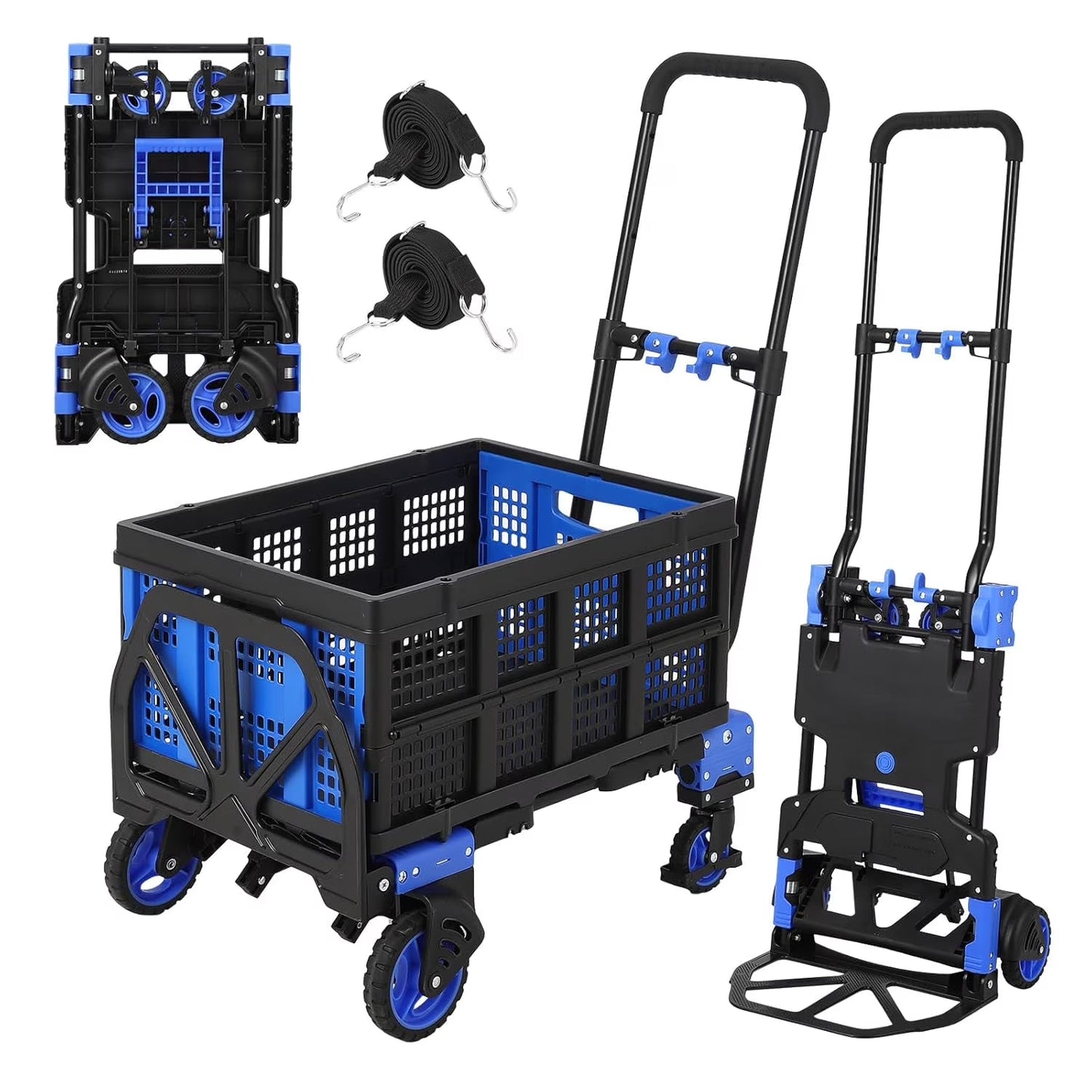 Garvee Folding Hand Truck Dolly with Basket, 2-in-1 Heavy Duty Dolly Cart with Wheels, 330LBS Capacity Convertible Handcart with Retractable Handle for Moving, Blue+Black