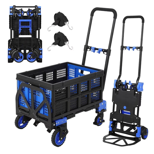 Garvee Folding Hand Truck Dolly with Basket, 2-in-1 Heavy Duty Dolly Cart with Wheels, 330LBS Capacity Convertible Handcart with Retractable Handle for Moving, Blue+Black