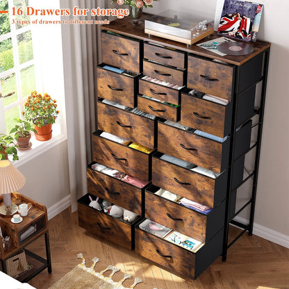 EnHomee Large Dresser for Bedroom Furniture Dresser with 16 Drawers Fabric Tall Dresser Closet Dresser Chest of Drawers Clothes Storage Slim for Living Room Office, Rustic Brown Wood Grain Print