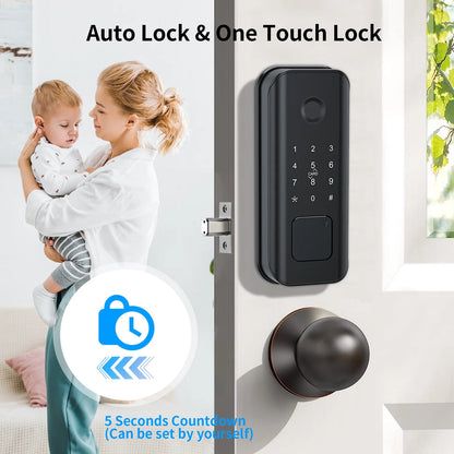 AUOSHI Security Smart Lock Fingerprint Door latch Keyless Entry Wi-Fi Door Lock Wireless Electronic Deadbolt with Touchscreen Keypad doorbell key IC Card App Control IP65 Waterproof Matte Black