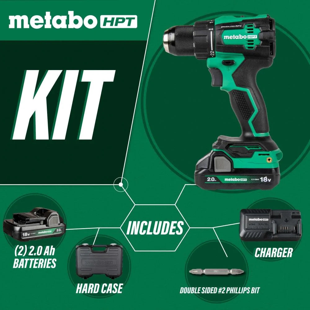 Metabo HPT 18V MultiVolt Cordless Driver Drill Kit | 620 in-lbs of Torque | Compact | Reactive Force Control | 22 + 1 Clutch Settings | LED Light | Belt Hook | Lifetime Tool Warranty | DS18DEX