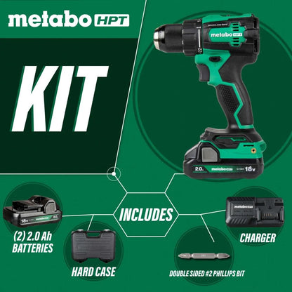 Metabo HPT 18V MultiVolt Cordless Driver Drill Kit | 620 in-lbs of Torque | Compact | Reactive Force Control | 22 + 1 Clutch Settings | LED Light | Belt Hook | Lifetime Tool Warranty | DS18DEX