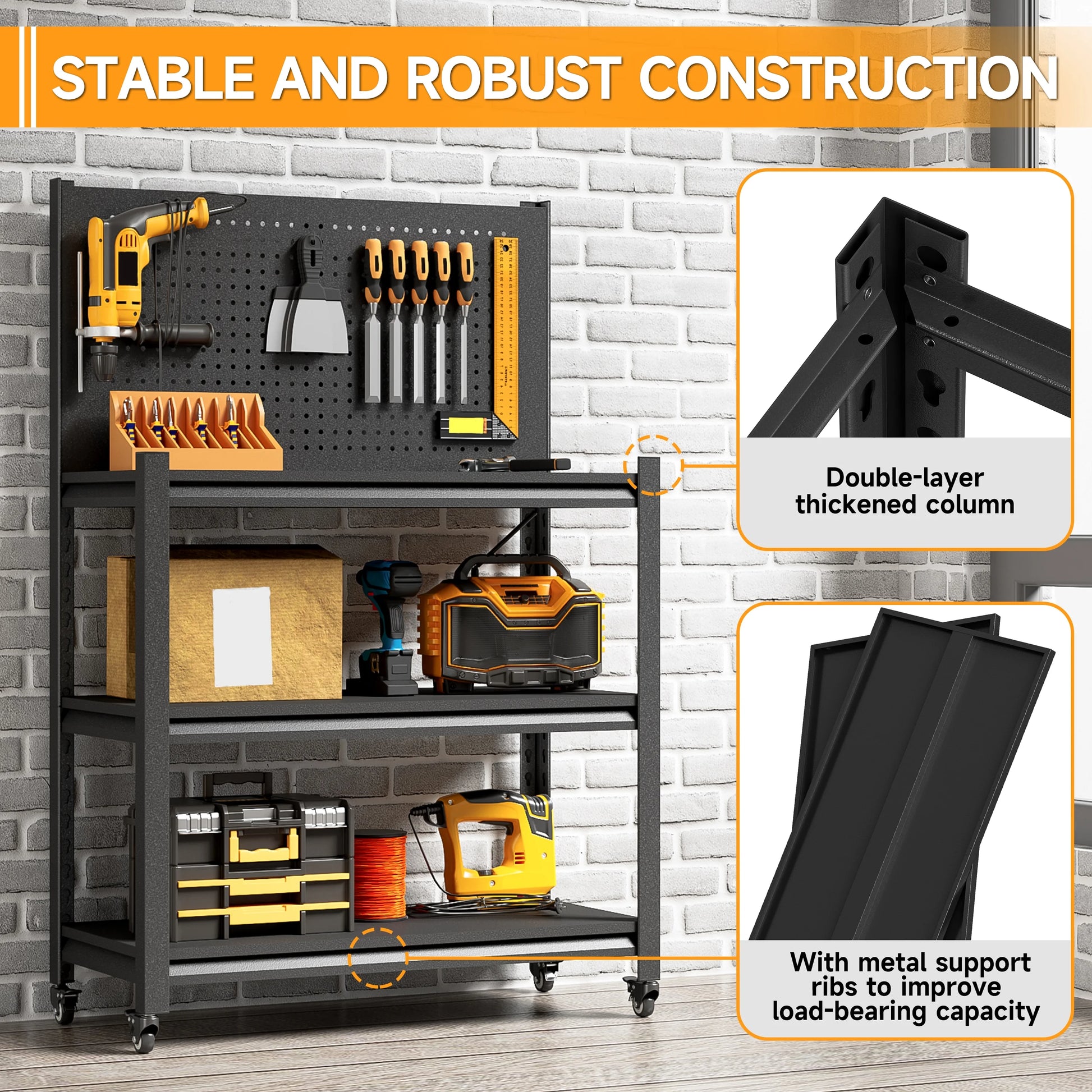 Workbench with Pegboard, 48" H Heavy Duty Steel Tool Workbench with Wheels, Metal Tool Work Bench for Garage Warehouse Workshop