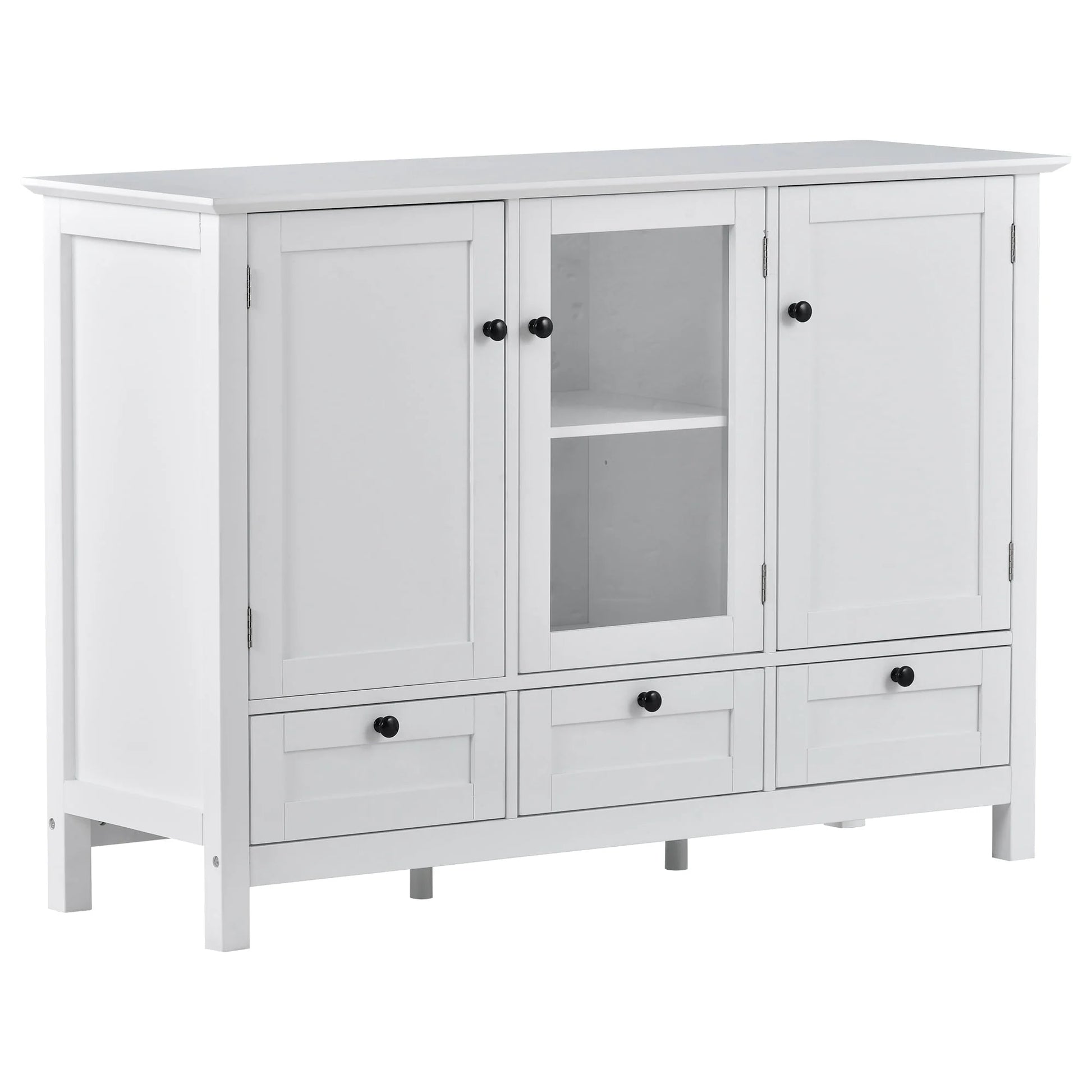 Modern Storage Cabinet, BUG HULL 44.9" Wide Solid Wood Sideboard Buffet Table, Console Table with 3 Doors and Drawers, White