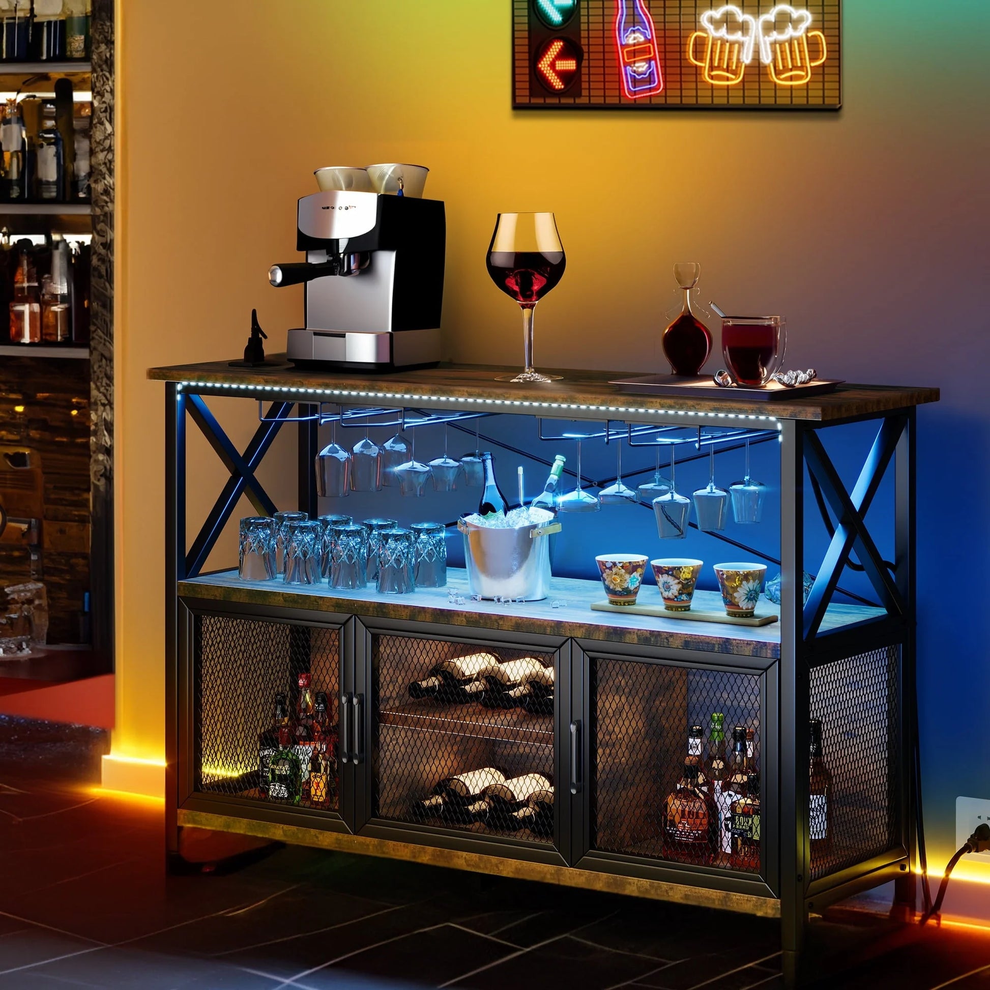 Dextrus 55" Wine Bar Cabinet with LED Lights Power Outlets, Industrial Coffee Bar Cabinet with Storage and Goblet Stand Sideboard Buffet Cabinet for Living Room Kitchen Dining Room