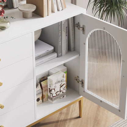 Homfa 4 Drawer Storage Cabinet, Modern Wooden Cupboard with Frosted Glass for Living Room, White Finish