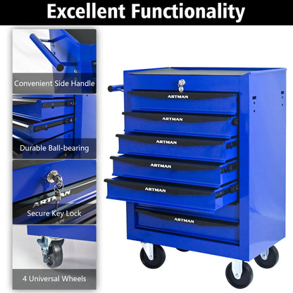 FARONZE Rolling Metal Tool Chest with 7 Drawers, 20" Steel Storage Cabinet with Ball Bearing Slides, Black and Blue Finish