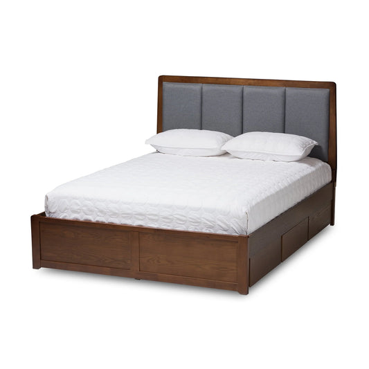 Baxton Studio Brannigan Modern and Contemporary Dark Grey Fabric Upholstered Walnut Finished Storage Platform Bed, Multiple Sizes