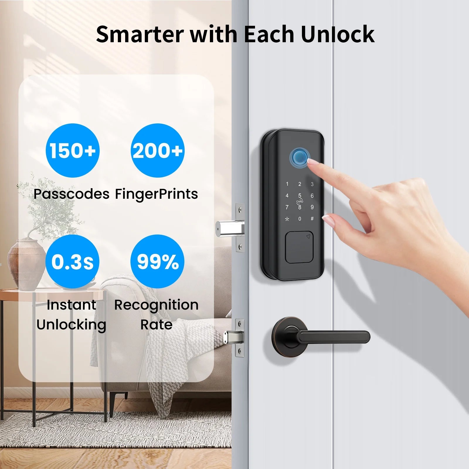 AUOSHI Security Smart Lock Fingerprint Door latch Keyless Entry Wi-Fi Door Lock Wireless Electronic Deadbolt with Touchscreen Keypad doorbell key IC Card App Control IP65 Waterproof Matte Black