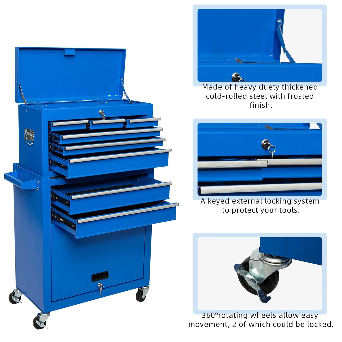 Odaof 8-Drawer Rolling Tool Chest on Wheels with Drawers Locking Toolbox Organizer for Mechanics Garage Workshop Blue