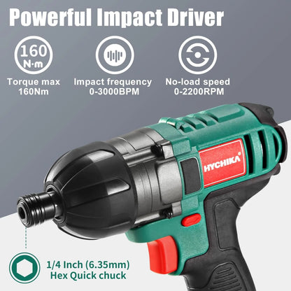 Cordless Drill Driver and Impact Driver 20V, HYCHIKA Drill Combo Kit, 1H Fast Charging, 22PCS Accessories for Drilling Wood, Metal and Plastic