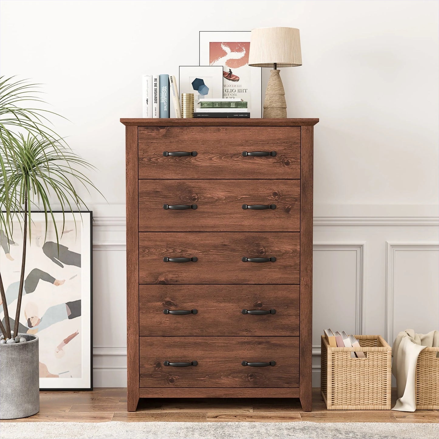 Costway 5 Drawer Chest Storage Dresser Tall Cabinet Organizer Bedroom Hallway Walnut